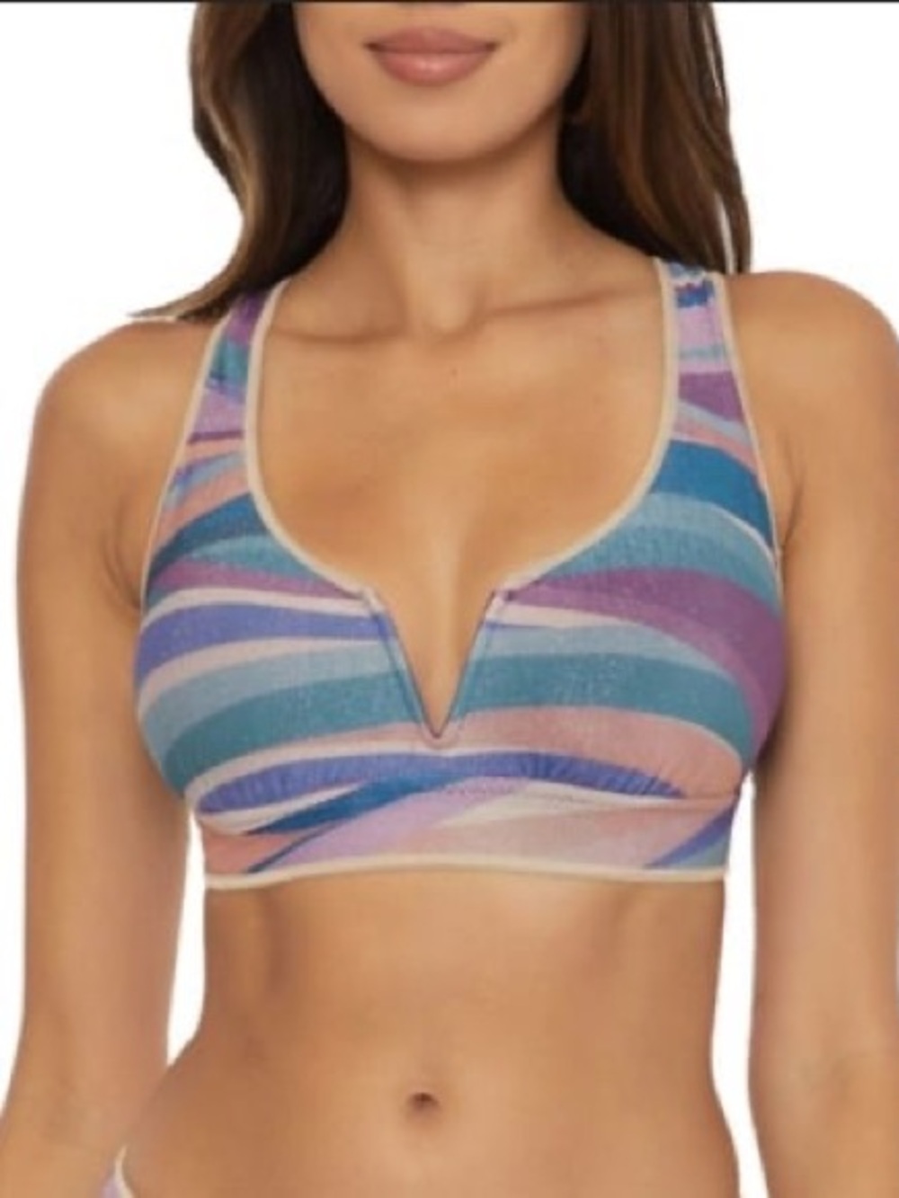 BECCA Miranda Pastel Multi-Color Banded V-Notch Bikini Top and Bikini Bottom